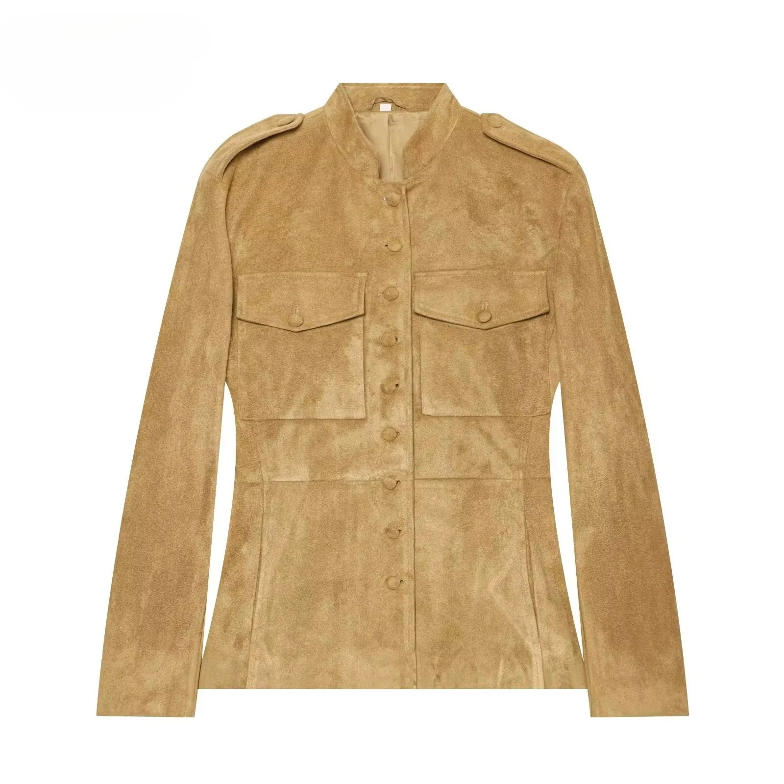 Autumn New Vintage Women Suede Jacket Stand Collar Epaulet Multi Pocket Button Front Fitted Waist Retro Female Outerwear