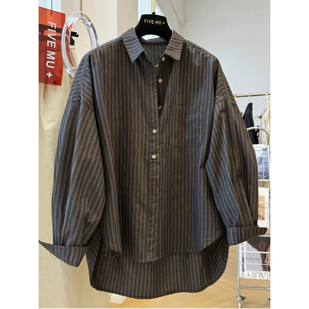 

Рубашка SuperAen в ретро-корейском стиле, весна-лето 2026, новая повседневная полосатая рубашка для офиса, свободный крой, оверсайз, для женщин