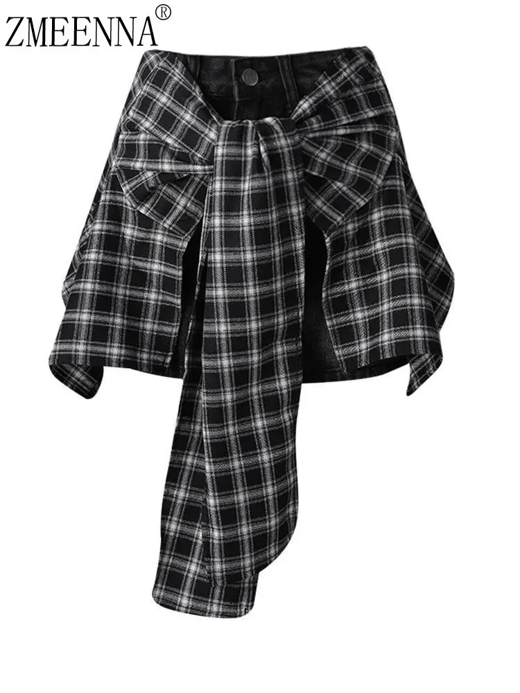 

ZMEENNA Women's Plaid Tie Waist Asymmetrical High Waisted Mini Skirt Black White Checkered Pattern Fashionable Chic ZM3170