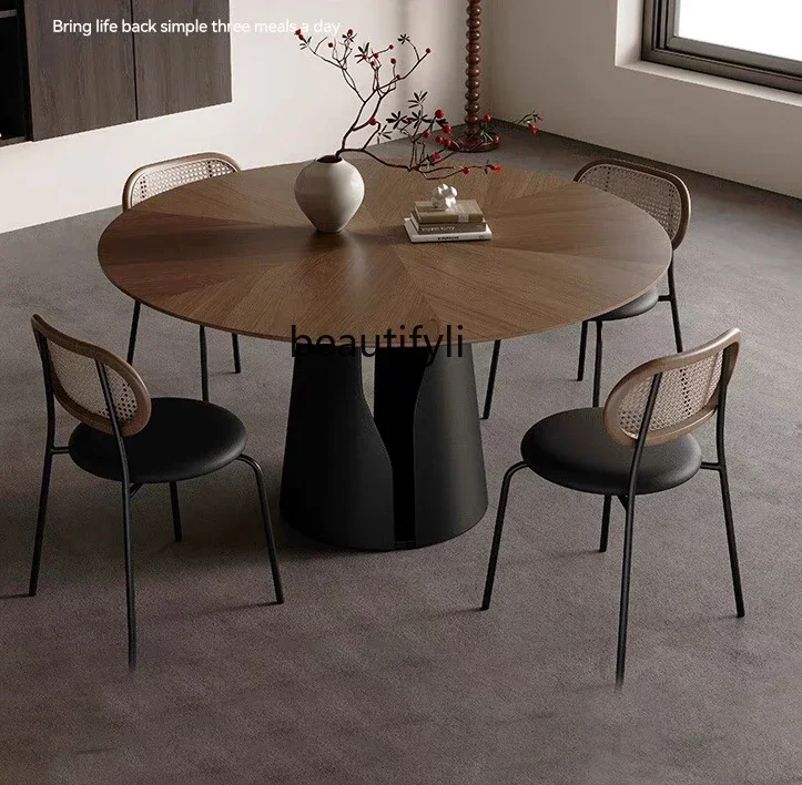 

K185 Retro Style Solid Wood round Table Household Small Apartment High-End Black Walnut Wooden round Table with Turntable