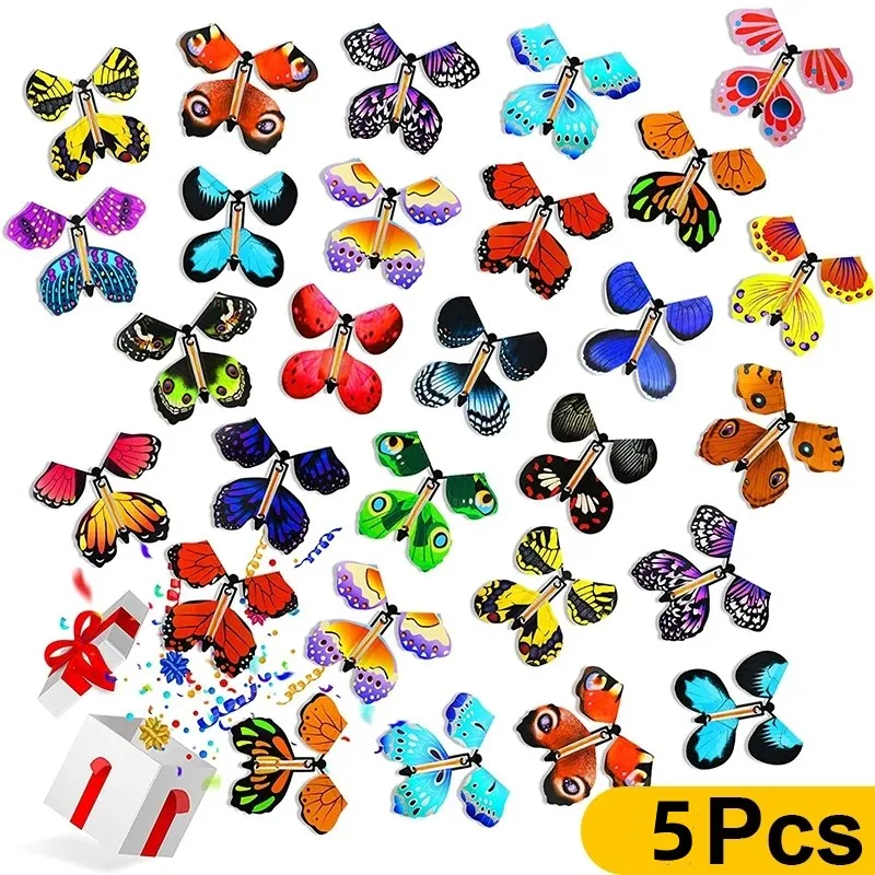 5PCS Magic Flying Butterfly Wind Up Butterfly Fairy Flying Toys Winding Rubber Band Bookmark Party Funny Gift Magic Tricks Tools