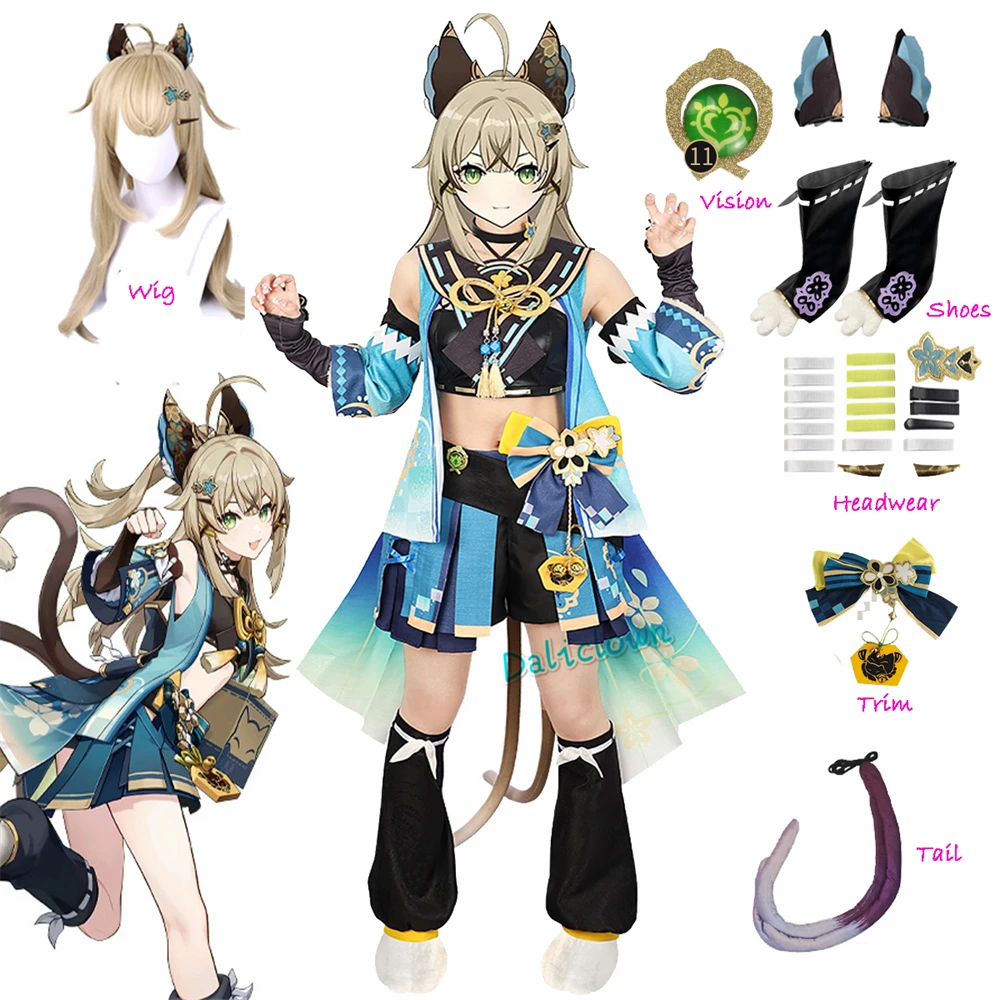 Costume de Cosplay Kirara GenshinImpact pour Femme, Chaussures, Perruque, Oreilles de Chat, Queue, Accessoires, Ensemble Complet, Jeu Animé, Halloween, 3XL