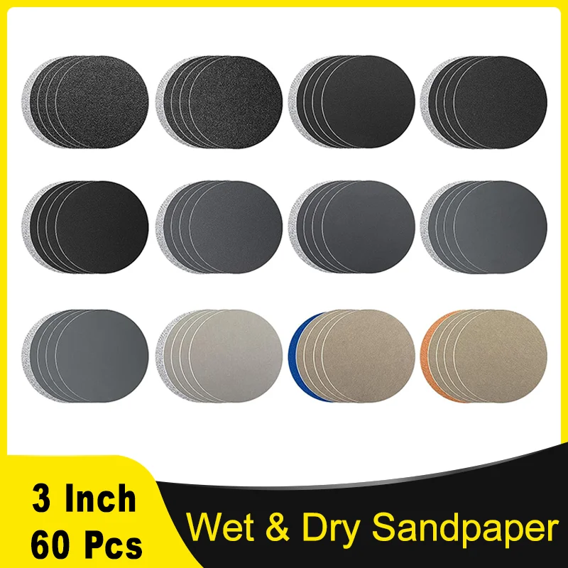 60 Pieces Round Sandpaper 3 Inch 75mm Sanding Wheels Sanding Pads Grit Size 60-10000 Dry and Wet Pad for Metal Wood Glass Car