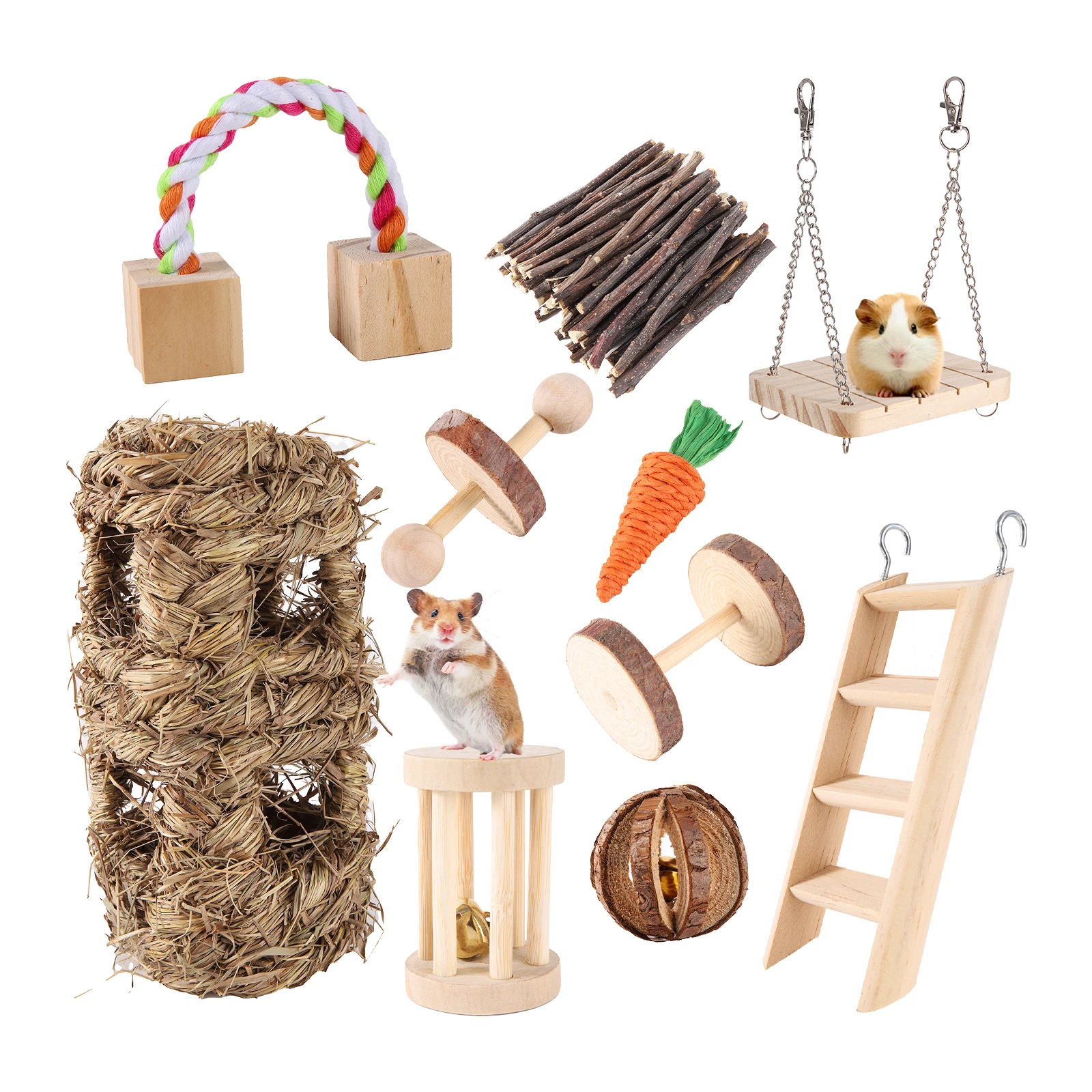 Hamster Roller Toys Natural Wooden Pine Dumbells Unicycle Bell Chew Toys Set bird Rabbit Guinea Pigs Small Pet Molars Supplies