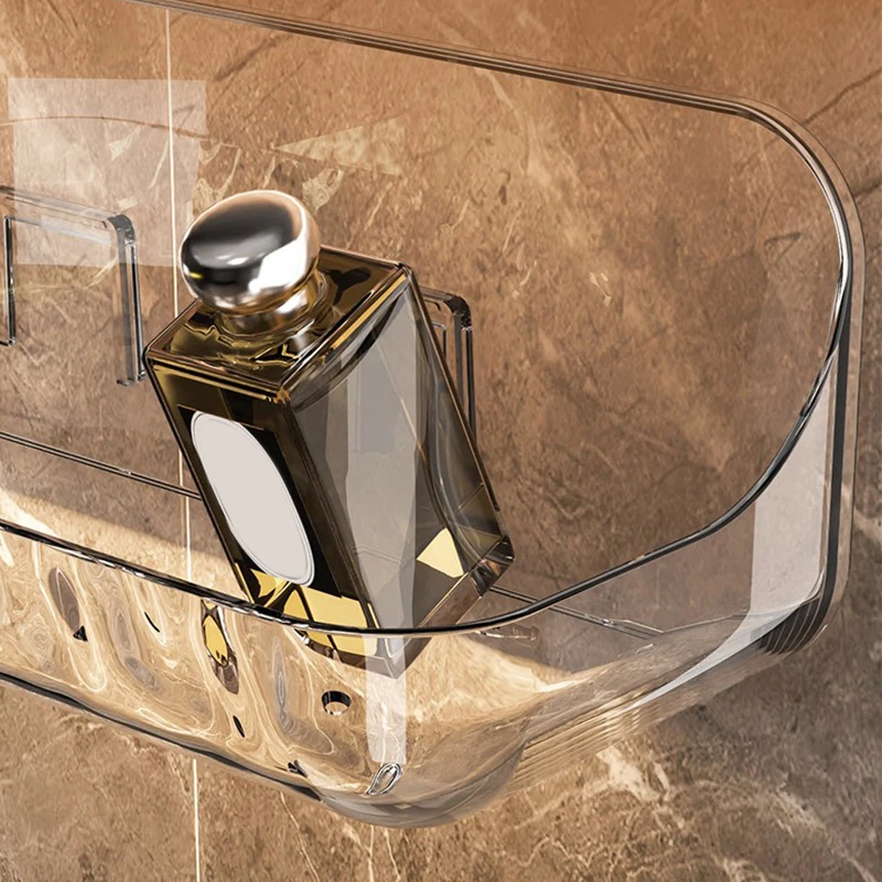 Acrílico Transparente Storage Rack para Banheiro, Wall Mounted, Punch Free, Cosmetic Storage Tray, Makeup Organizer, Kitchen Shelf