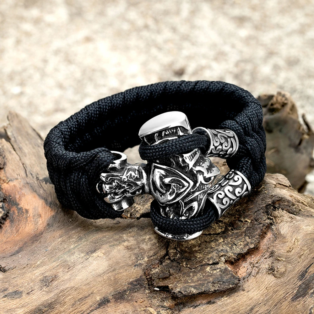 Norse Runes Thor\'s Hammer Bracelets Men Stainless Steel Vikings Survival Paracord Rope Wristband Handmade Braided Jewelry Gifts