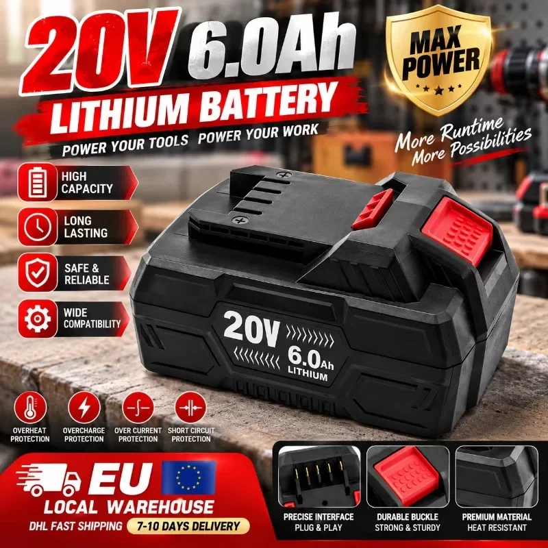 Batteria al litio da 20 V e 6,0 Ah, batteria di ricambio ad alta capacità per utensili elettrici a batteria Parkside, con protezione da sovraccarico.