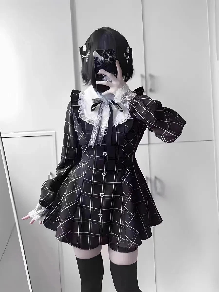 

Sweet Fre Knot Lace Paneling Pleated Slimming Skirt Sle Japanese Sle Long Sve Women's Faion Spring Autum...