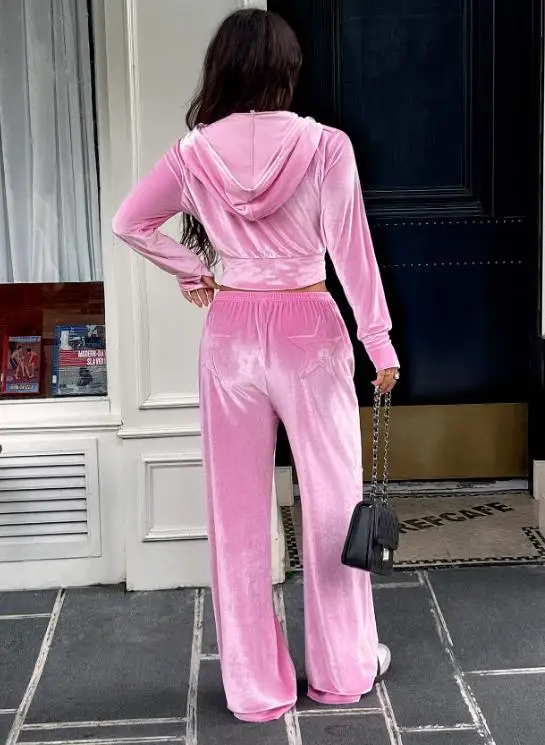 

Autumn Solid Color Suede Sports Style 2-Piece Slim Fit Short Hooded Sweatshirt Zipper Jacket and Slim Fit Straight Leg Pants Set