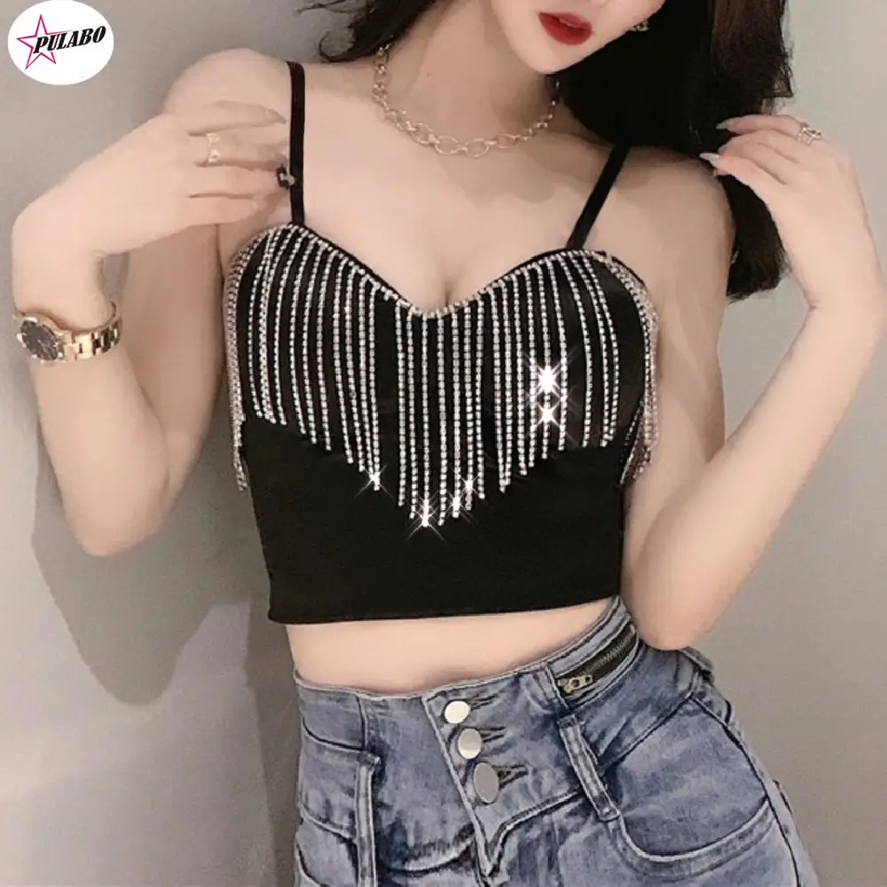 Diamond Tassel Patchwork Glitter Bustier Tops Party Night Club PULABO Summer Off Shoulder V Neck Shiny Crop Top Black Tank Tops