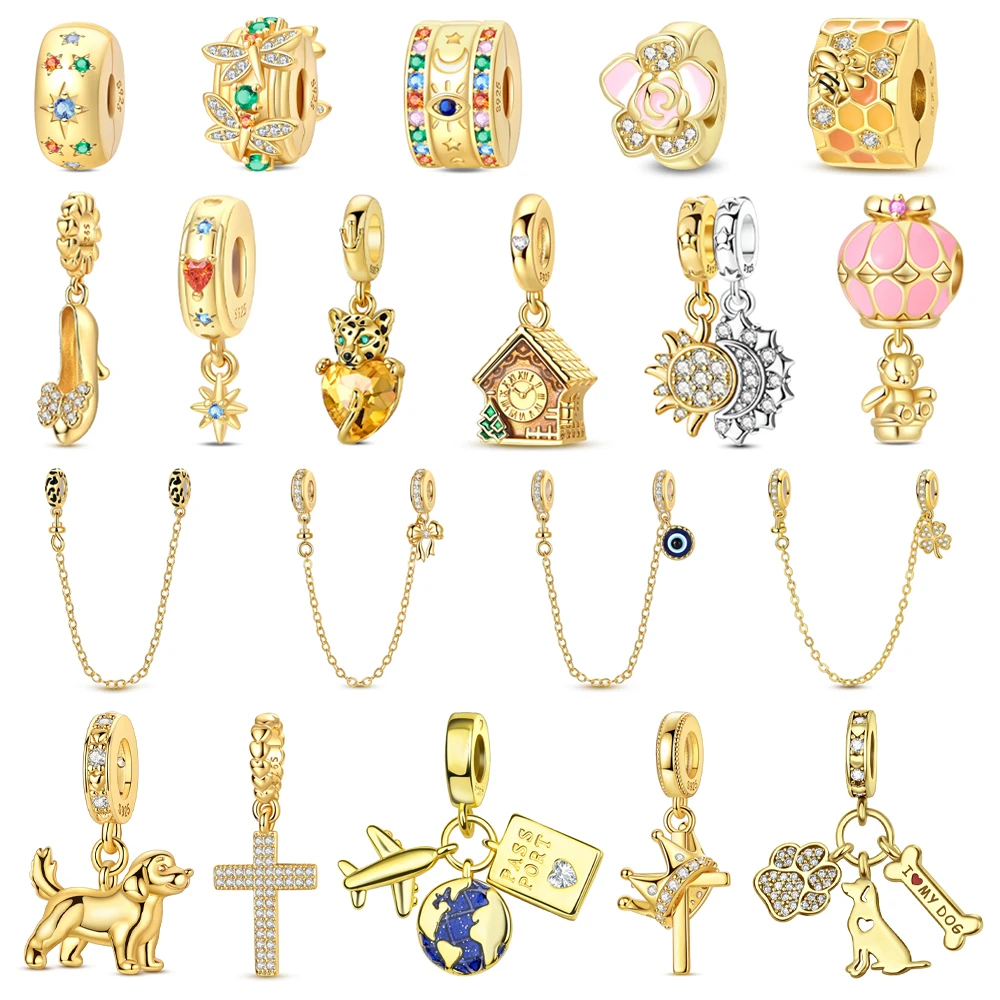 Sparkling 925 Sterling Silver Rose Fixed Clip & Clover Safety Chain & Crown Dangle Charm Fits Bracelet Gold Pendant Gifts