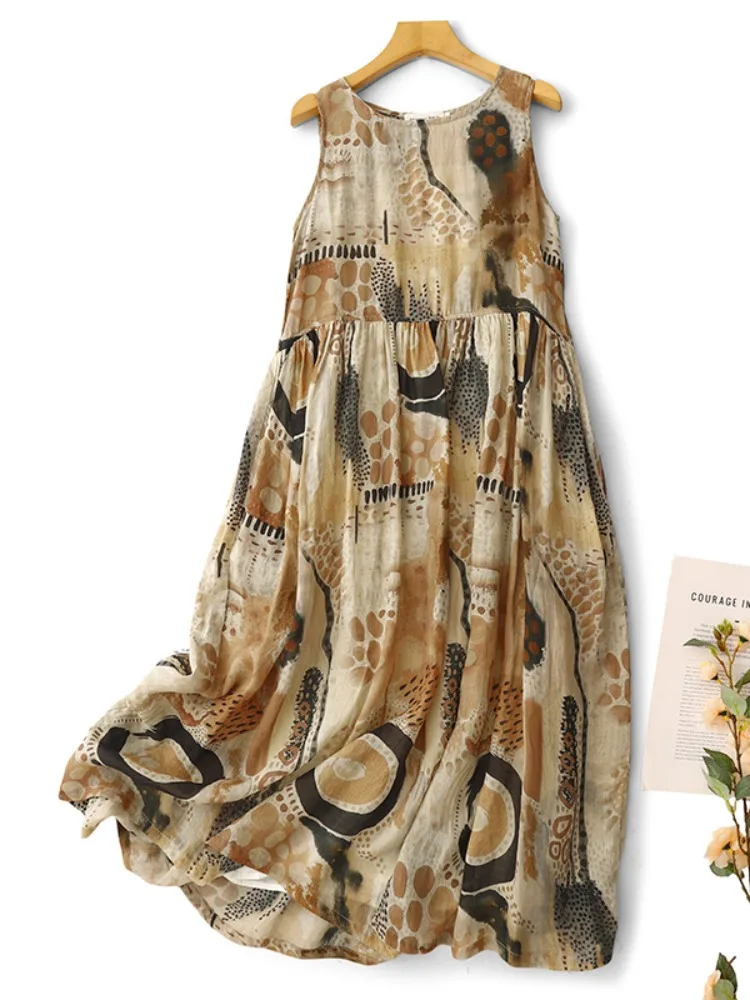 Gute Qualität Vintage Print Baumwolle Leinen Kleid Frauen Sommer Mode Ärmellose Lose Beiläufige Bequeme Kleid Mädchen Urlaub Kleid