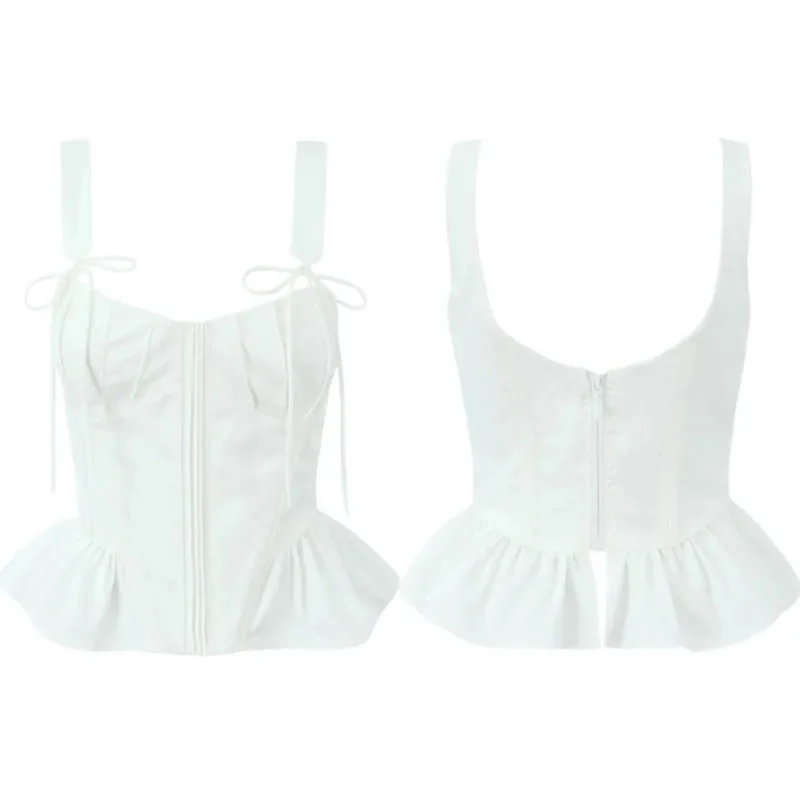 

Bow Tops & Tees Vest Chi Korean French Camisole Vest Girl Sexy Eur America Low Cut Pleated Cinched Waist Ruffle Edge Top Tee New