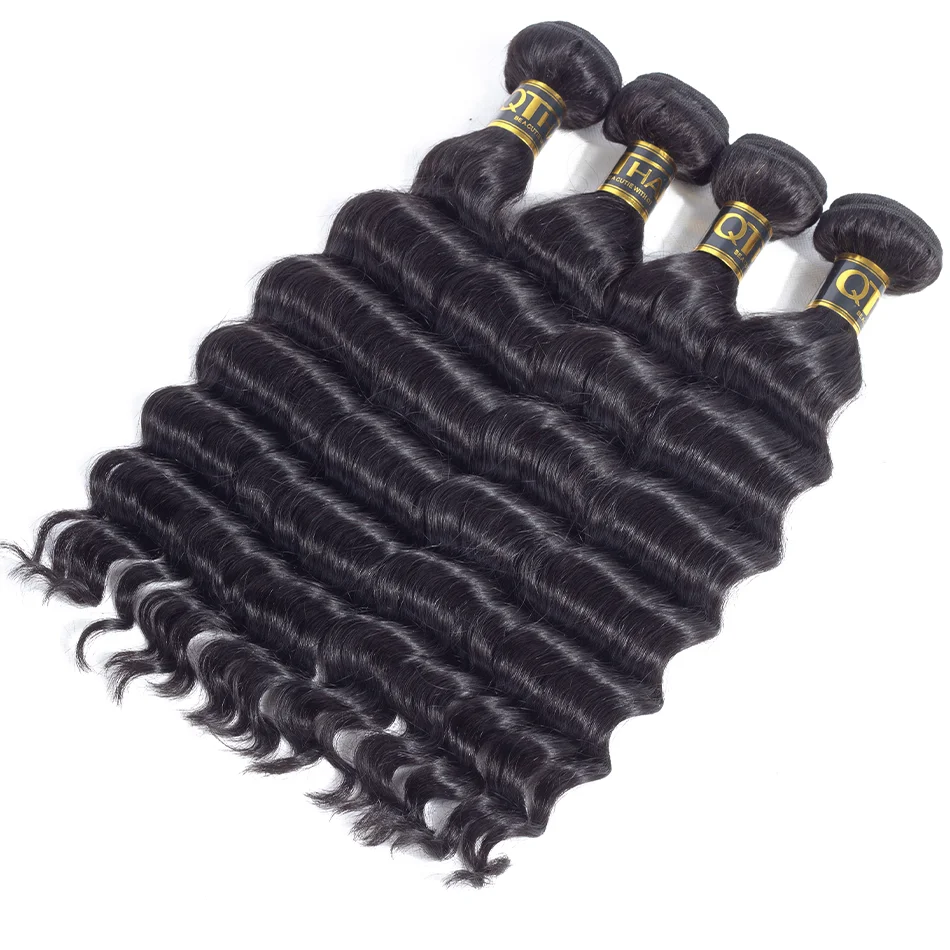 Tissage en lot Deep Wave brésilien naturel Remy, 8-40 pouces, 1/3 /4 mèches, QThair, expédition rapide, lots de 3