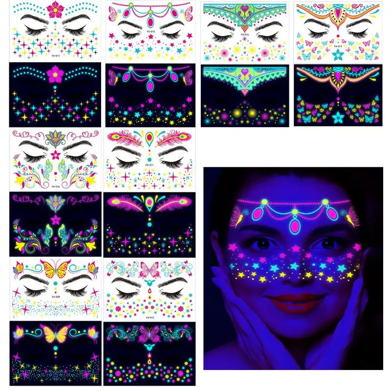 Neon Stickers Dancing Party Temporary Stickers UV Makeup Rave Festival Supplies Black Light Fake Stickers Dancing Party Glow