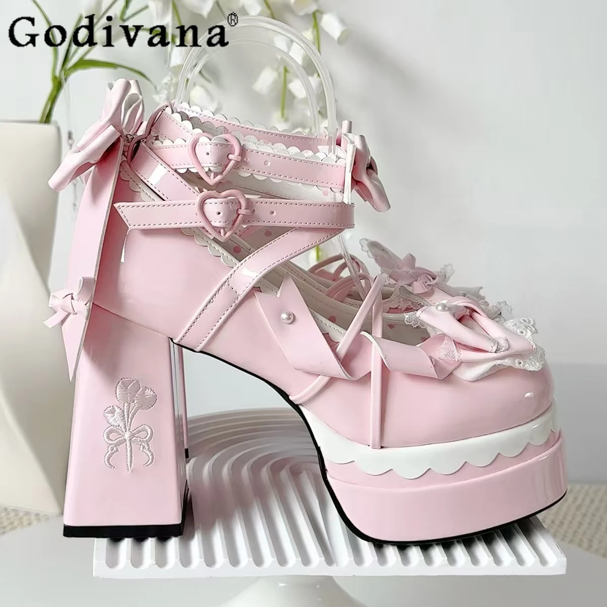 Original Sweet Lolita Pink High Heels Girls Women Cute Bow Elegant Waterproof Cos Platform Shoes Princess Birthday Party Pumps