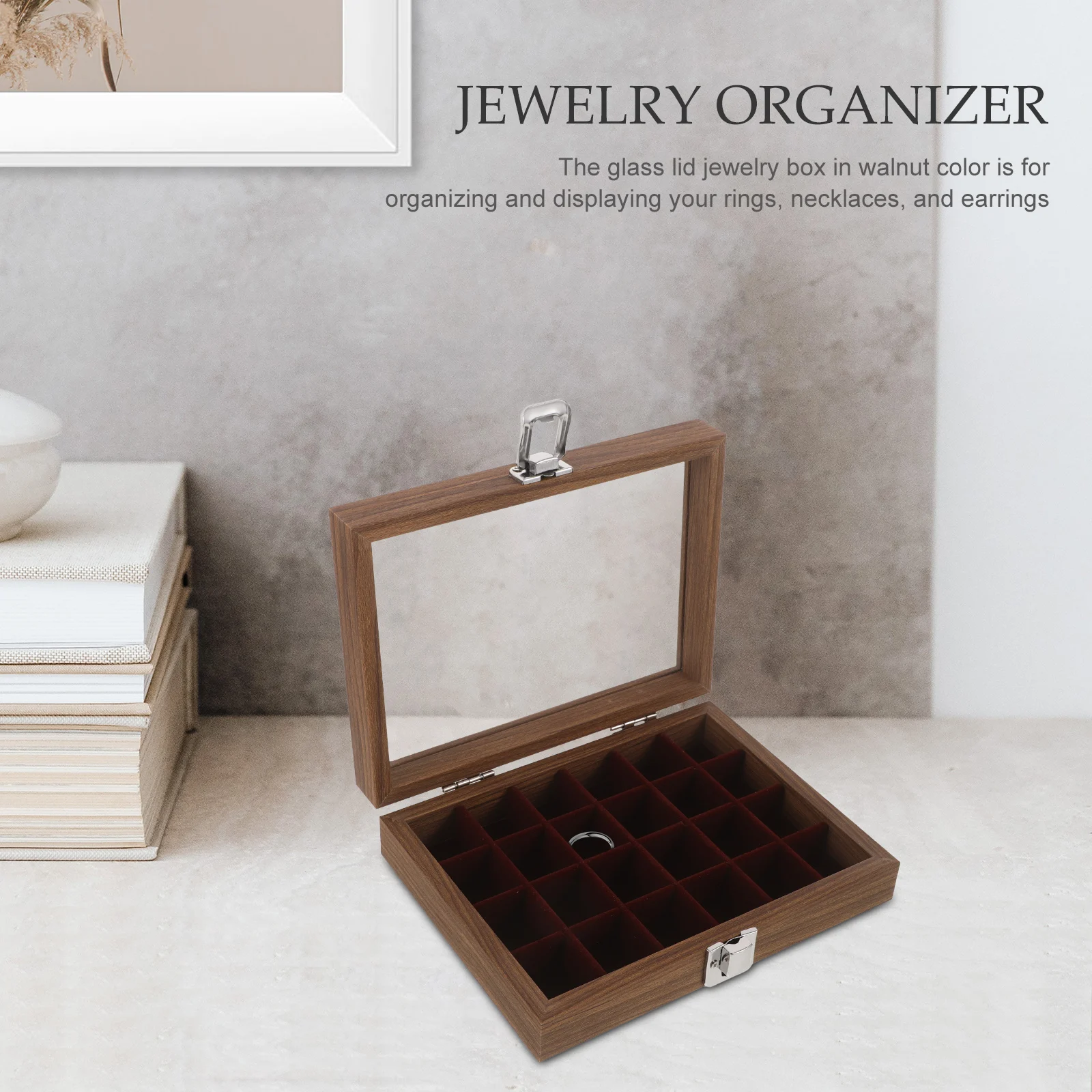

Walnut Jewelry Box with Glass Cover for Rings Necklaces Earrings Large Capacity Storage Home Decor Organizer Wooden Display Case