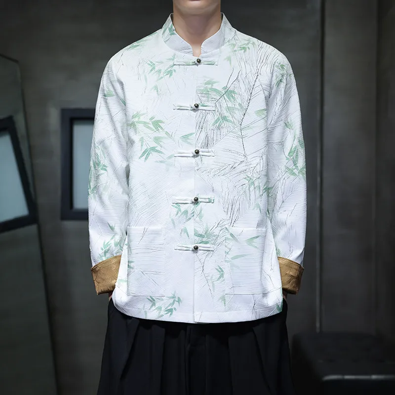 

Винтажная куртка в китайском стиле с бамбуковым принтом, новая, с китайскими пуговицами-лягушками, воротником-стойкой, в стиле Тан ​