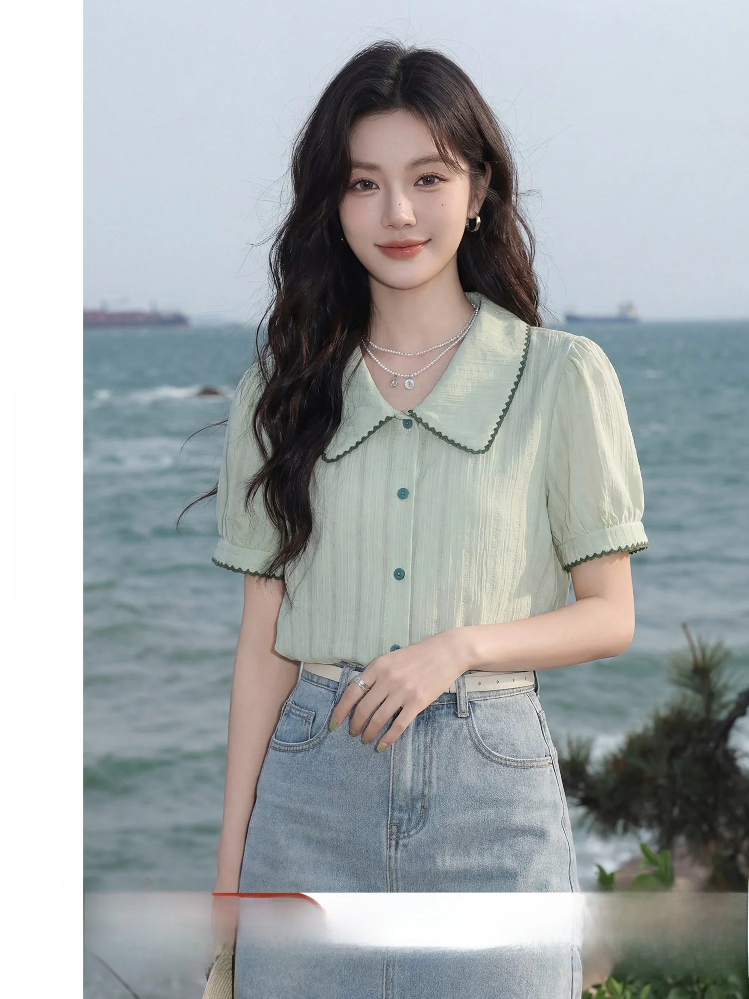 

Симпатичная повседневная рубашка с коротким рукавом и воротником-стойкой, свободного кроя, в корейском стиле, из полиэфирного волокна, прямого кроя, летняя новинка