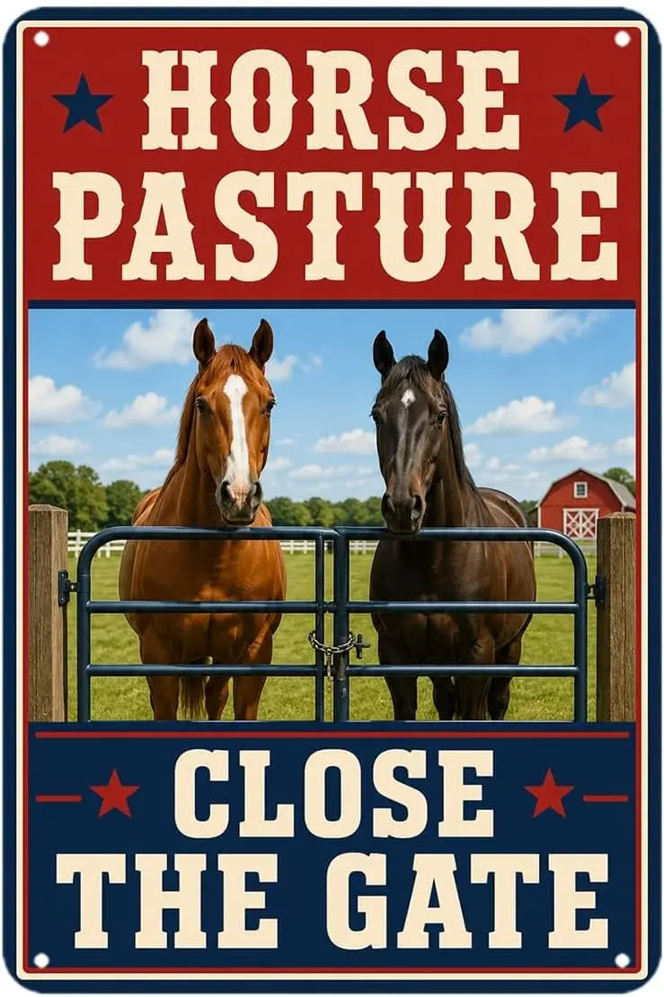 Horse Pasture Close The Gate tin sign Rustic Farm Stable Horses Vintage Metal Sign Wall Art for Home Bedroom Kitchen Bar Garden