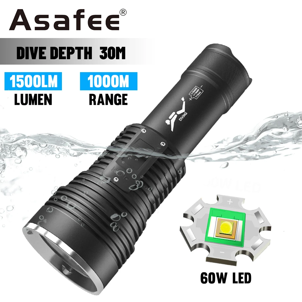 Asafee Scuba Diving Flashlight LED Snorkel Torch Underwater Phreatic Lamp Waterproof Lantern Strong Light Exploration Amphibious