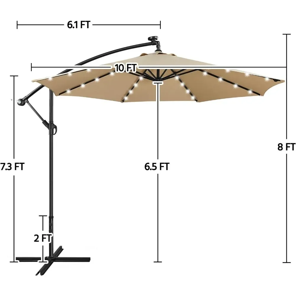 Solar Offset Umbrella with 10FT 32 LED Lights Cantilever Outdoor Umbrellas Handy Crank & Cross Base for the Beach for Backyard