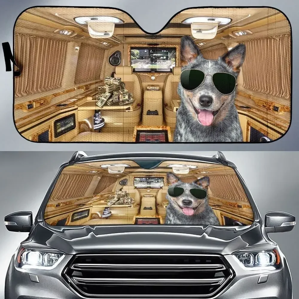 Rich Heeler Wearing Sun Glasses Tongue Out Car Sunshade, Funny Australian Heeler Auto Sunshade for Heeler Lover, Australian Catt