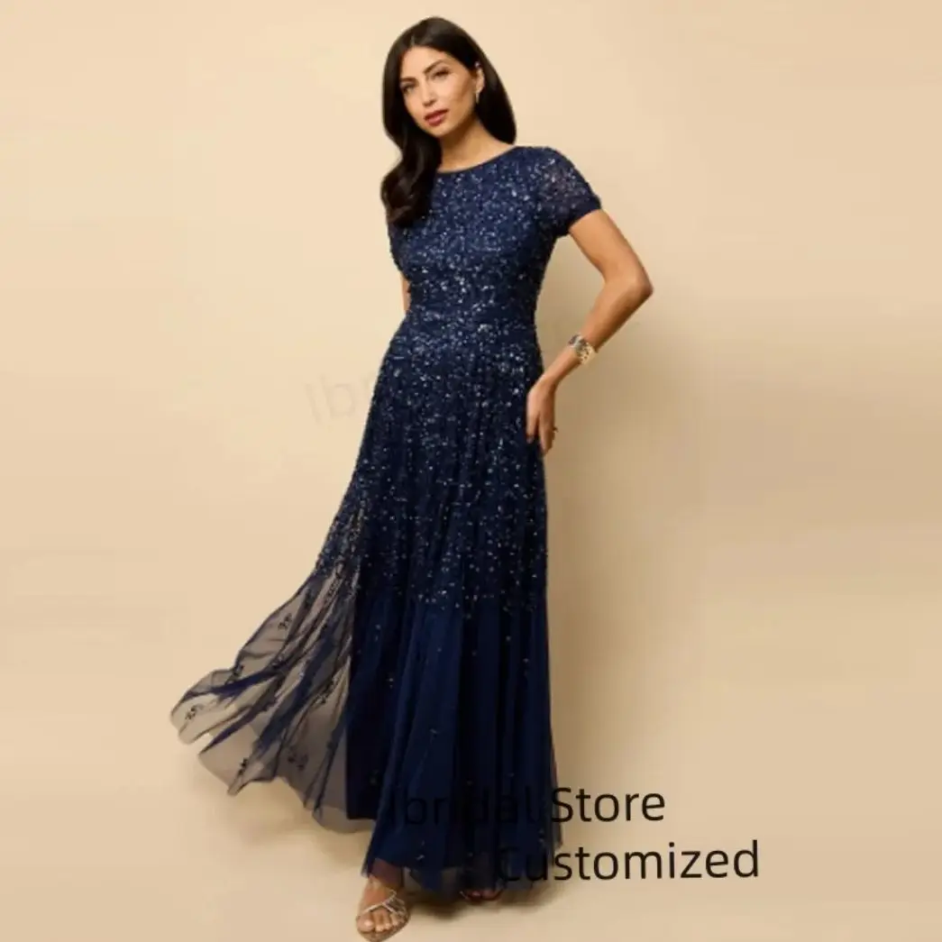 

Customized Vintage O-Neck Maxi Sequin Evening Dress A-line Short Sleeve Prom Dresses for Women Party Bodycon Dress vestidos