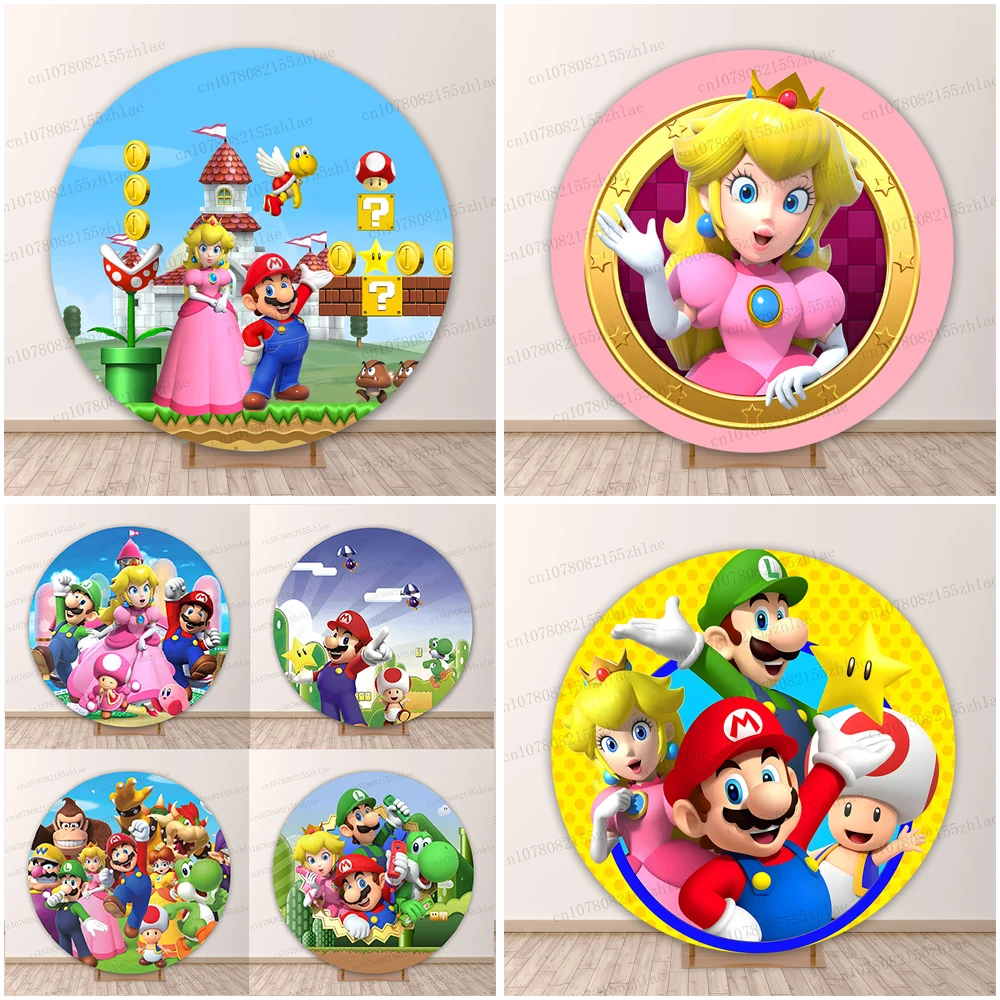 

Super Mario Birthday Party Round Photo Backdrop Baby Shower Photo Background Cartoon Banner Photography Backdrop