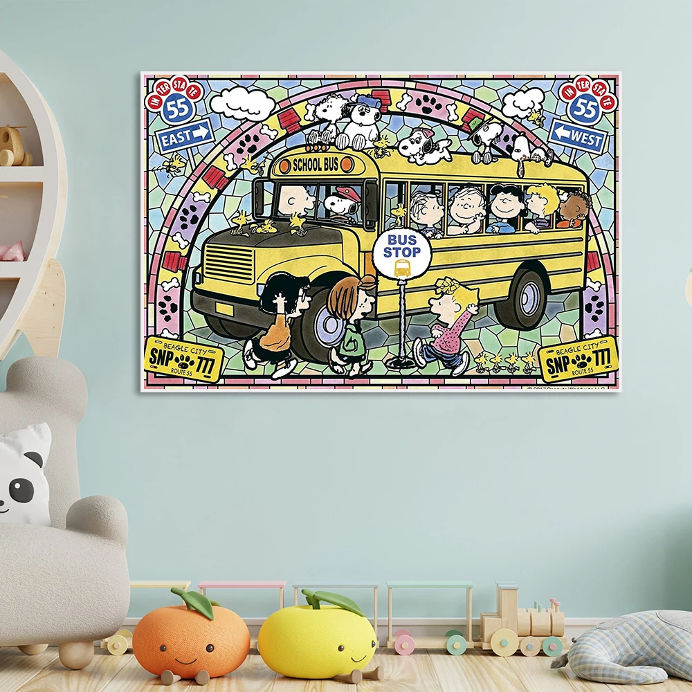 Snoopy Town School Bus Painting Cartoon Wall Art Canvas Poster Print Peanuts Picture for Kid Playroom Bedroom Home Decor Cuadros