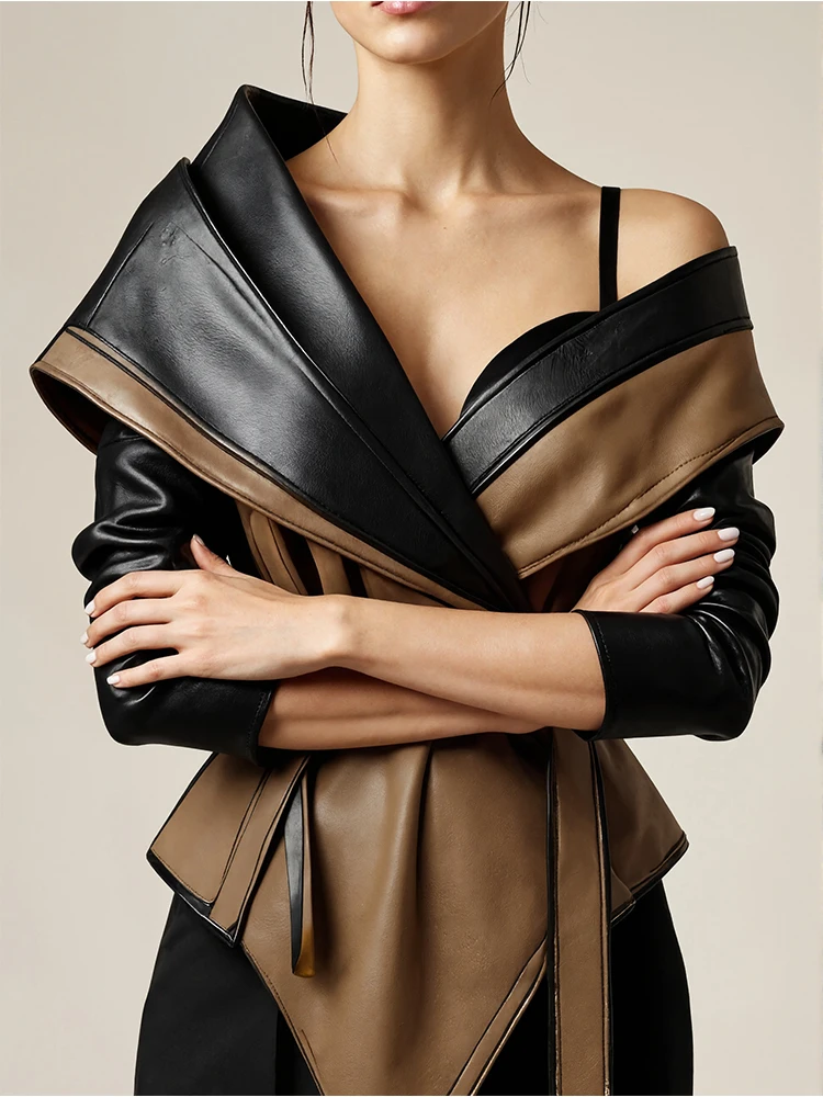 سترة من الجلد الصناعي PU للنساء بكتف واحد وحاشية غير منتظمة وأكمام طويلة معطف جلدي كاجوال عتيق وحزام سترة أنيق
