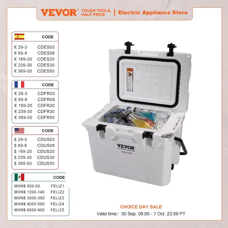 VEVOR 25/33/45/52QT Hard Cooler Insulated Portable Large Capacity Ice Chest Cooling Box for Family Outdoor Camping Activities