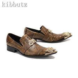 New Brown Prints Men Leather Shoes Luxury Design Metal Buckle Decor Genuine Leather Pointed Toe Party Business Shoes