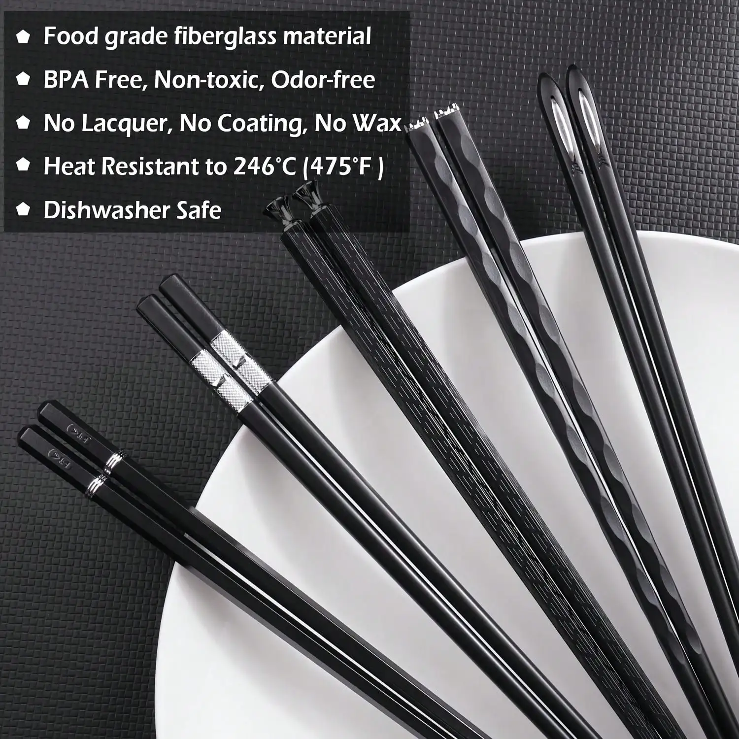 5Pack Alloy Chopsticks Set Durable Heat Resistant High Hardness Fiberglass Polymer Reusable Tableware for Home Restaurant Use
