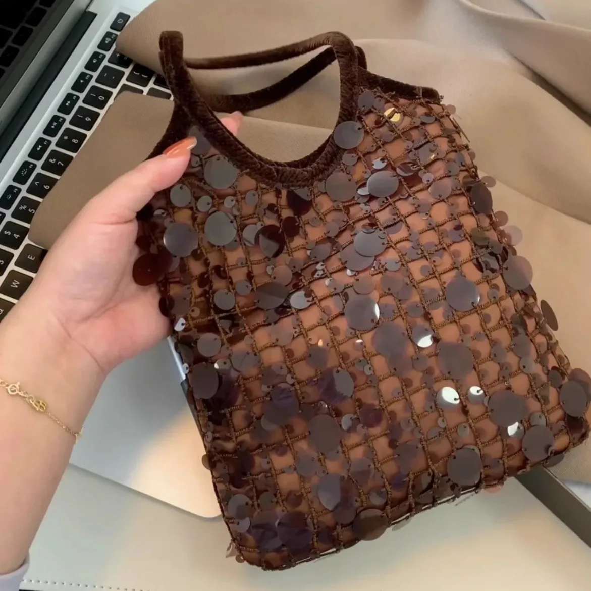 

Korean Sle Faionable Retro Sequin Woven Bag Lazy Underarm oulder Bag Luxury Small High-End Feel Handbag INS