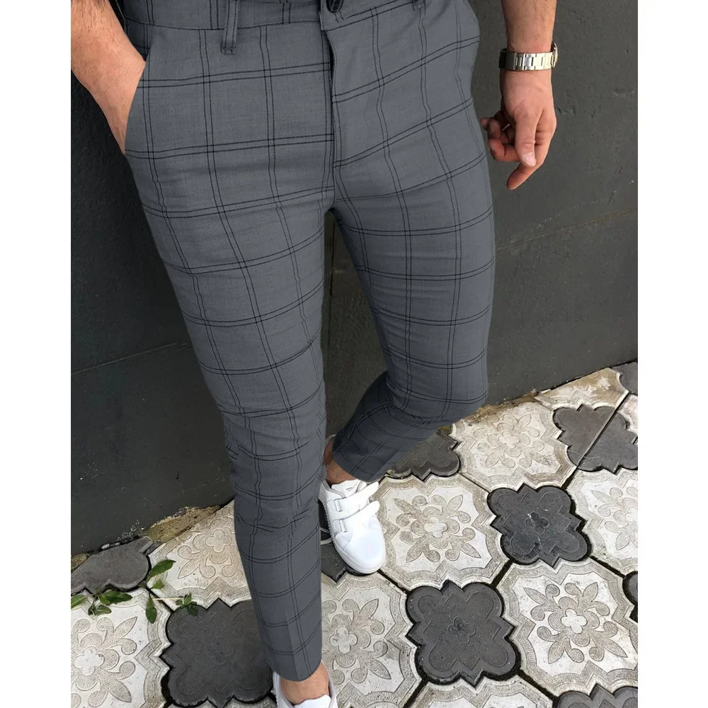 Plaid Social Slim Fit Trousers Mid Waist Skinny Business Wrinkle-Resistant Flat-Front Chino Pants Men Casual Pants