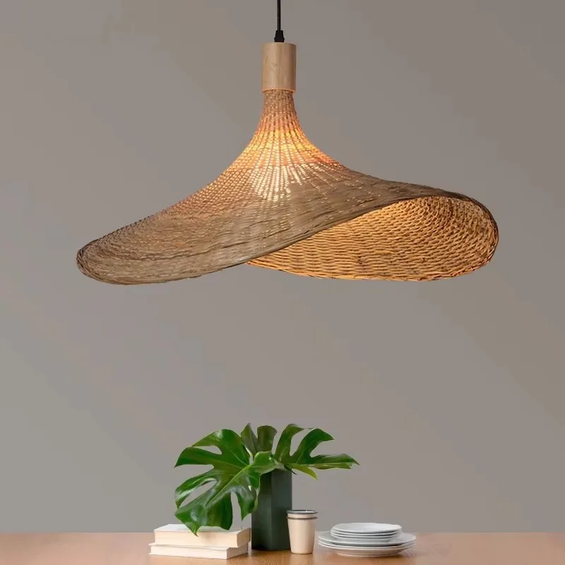 New Chinese Southeast Asian Japanese Style Pendant Light Bamboo Rattan Straw Hat Chandelier For Tea Room Staircase Decor