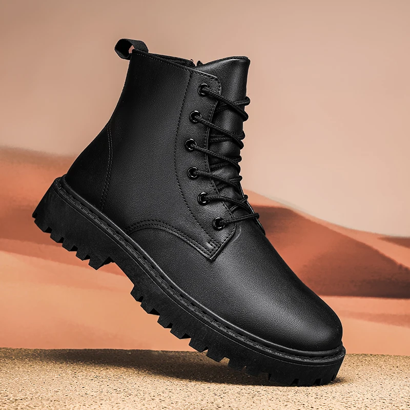 Men Shoes Autumn Anti Slip Waterproof High Top Black Lace Up Casual Leather Shoes Platform Boots Fashion Trend Motorcycle Boots