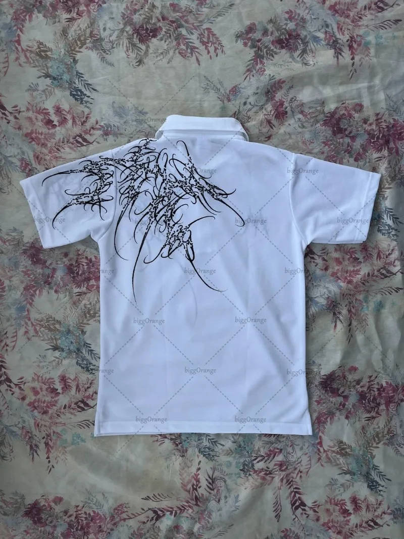 هاي ستريت ملابس عصرية Y2K Harajuku القوطية المتضخم التلبيب قصيرة الأكمام الرجال الشارع الهيب هوب ريترو قميص بولو فضفاض غير رسمي #5