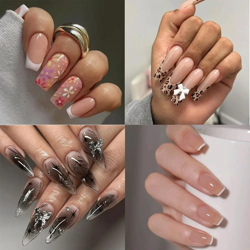 24pcs/box Press on Nails Set Luxury Y2K Butterfly French Almond Long Coffin Fake Nails Reusable Acrylic False Nails