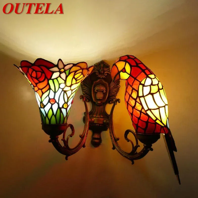 

OUTELA Tiffany parrot Wall Lamps American countryside Children's room Homestay Villa Hotel Stained Glass Animal Decoration Lamp