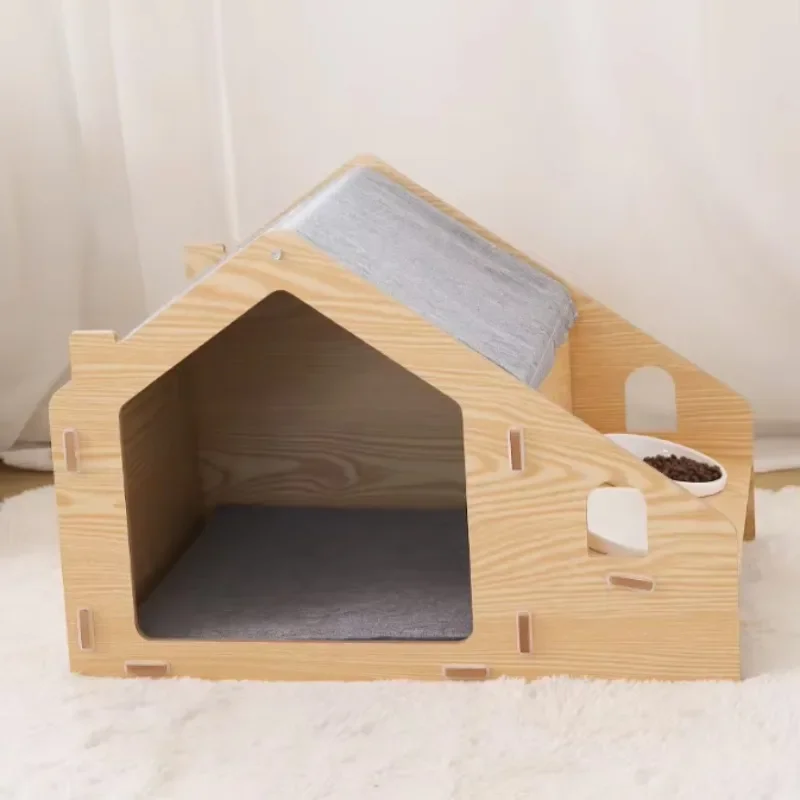 Solid patterned wooden pet house with raised feeder interior cat furniture and small padded dog and cat kennel