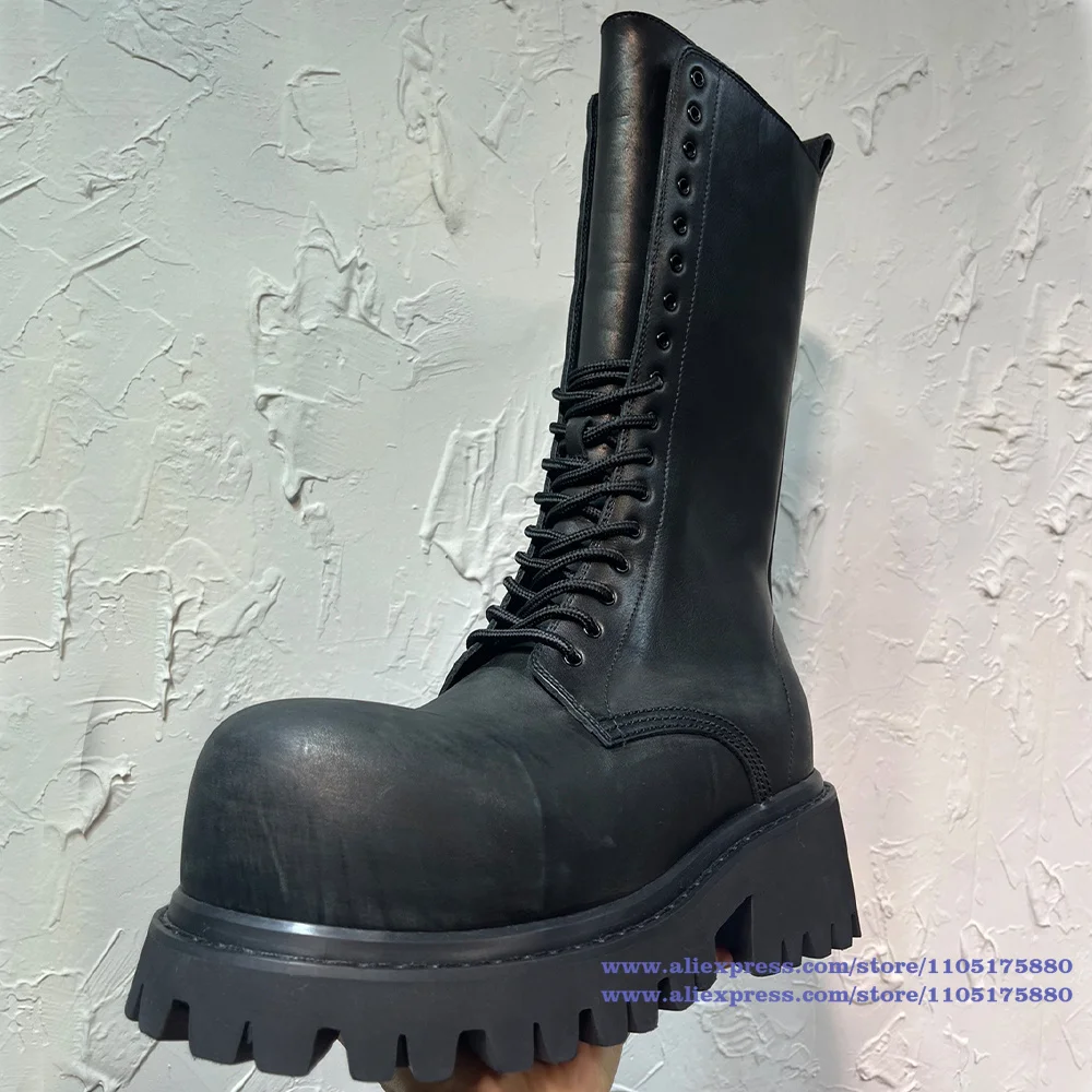 Thick Soled Height Increasing Motorcycle Boots Round Toe Lace-Up Men's Boots Luxury Designer Trendy Men's Shoes Botas Mujer