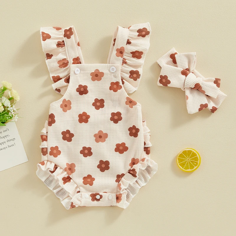 Baby Girls Romper and Headband Strawberry/Flower/Cherry Print Fly Sleeve Frills Newborn Infant Jumpsuit Summer Clothing