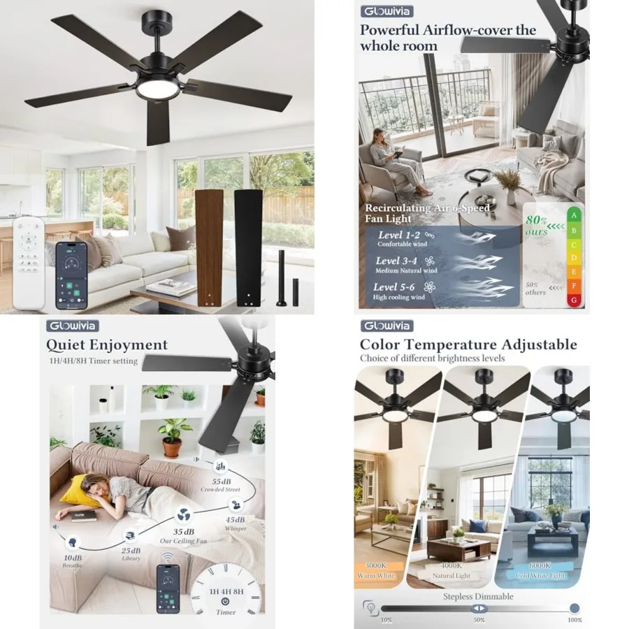 

Ceiling Fan with Lights and Remote, Smart APP Control, Dimmable with All-Settg Memory, Quiet DC Motor Reversible Blades, Damp R