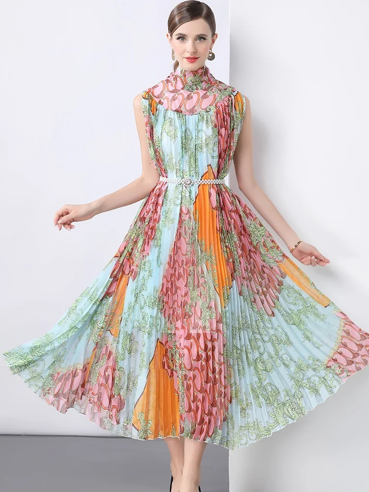 Vestidos de fiesta con estampado de cuello levantado para mujer, vestido largo plisado para fiesta de boda, vestidos de noche de Gala sin mangas de lujo con cinturón