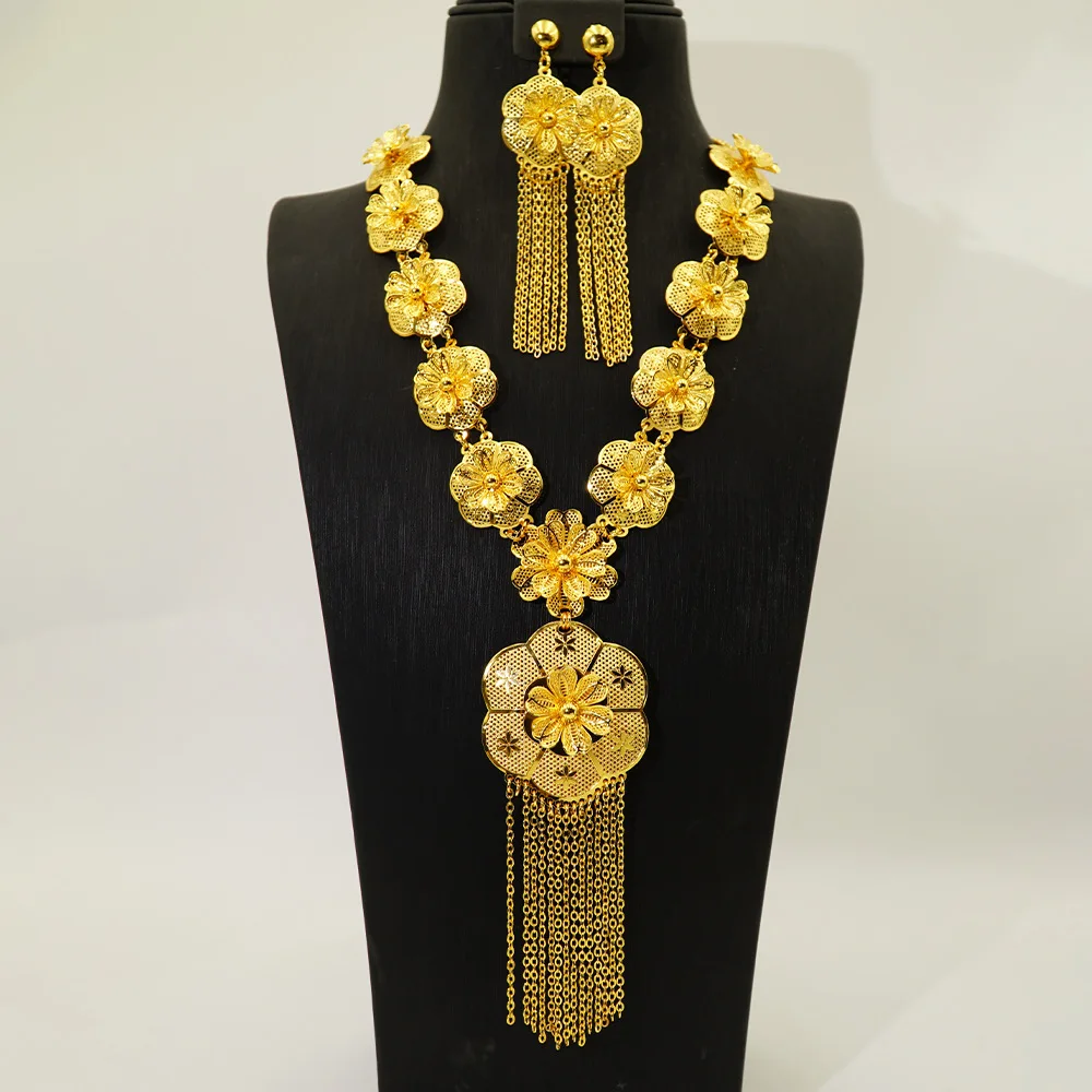 

Necklace, earrings, flowers, jewelry set for women 24K gold, AU999 daily wear suitable for pastoral style
