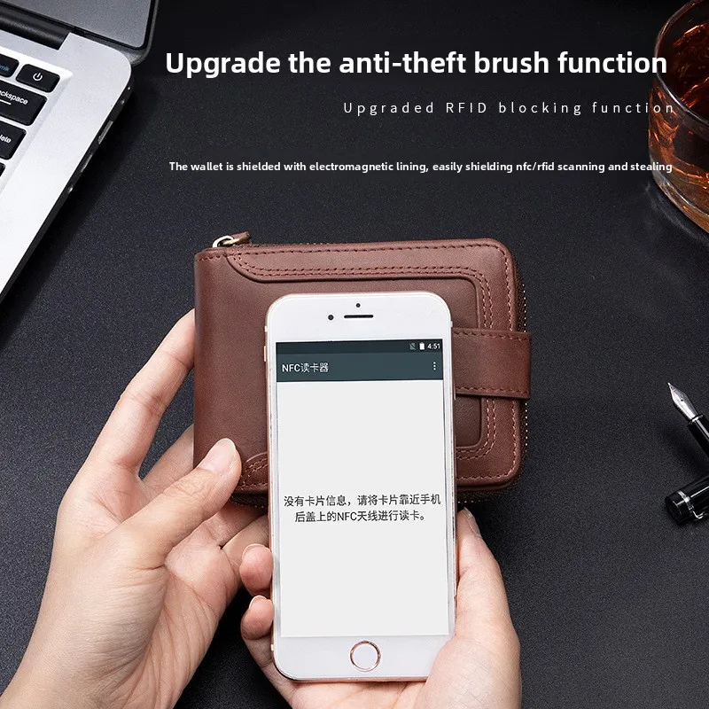 Cowhide RFID anti-theft brush genuine leather horizontal wallet, retro high-end men's short wallet