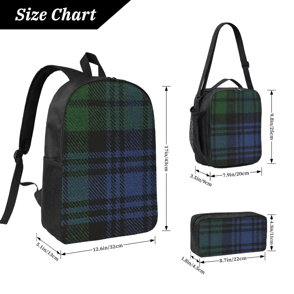 Black Watch Ancient Original Scottish Tartan Backpack Student Boys Girls BookBag School Bag 3ps Insulated Lunch Bag Pencil Case