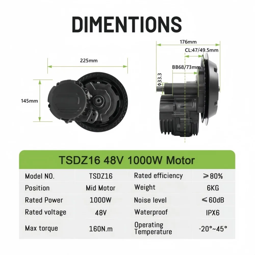 TONGSHENG TSDZ16 48V 1000W Electric Bike Mid Drive Motor Conversion Kits with VLCD5 LCD Color Display for BB 68-73mm
